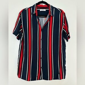 Bershka Men's Collared Short Sleeve Shirt Button Down Blue Red White Stripe S